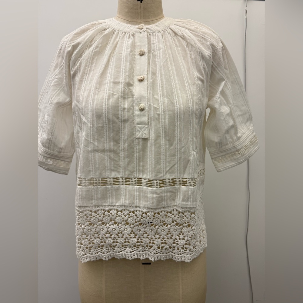 Jennifer & Grace Elegant White Lace Trim Blouse - Medium